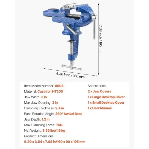VEVOR Schraubstock, 7,62 cm, Tischschraubstock mit 360°-Drehsockel, Werkbankschraubstock, Gusseisenkonstruktion, für Holzbearbeitungs-, Metallbohr-, Gravier-, Schleif-, Schweiß- & Schneidearbeiten – Bild 6