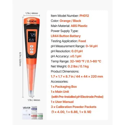 VEVOR pH-Meter für Lebensmittel, Messbereich 0–14, Wasserdichte Sonde (IP68), Messgerät mit Automatischer Temperaturkompensation, Kalibrierpulver, für Lebensmittelfermentation, Teig & Fleisch – Bild 6