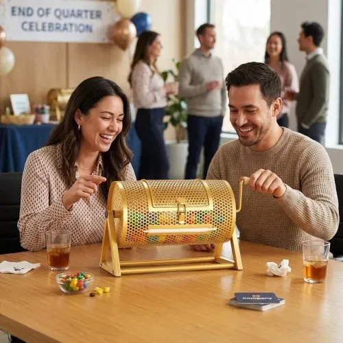 VEVOR Tombola Trommel, 295xØ167mm, Lostrommel mit Fassungsvermögen von 2500 Lose oder 100 Lotteriebälle, Gewinnspieltrommel mit Kurbel & Dreiecksständer, für Veranstaltungen & Feiern, Gold – Bild 7