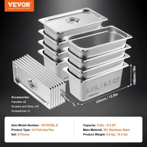 VEVOR 8er-Pack Hotelpfannen, 1/3 Anti-Stau-Dampfpfanne mit Deckel, 0,8 mm dicke Edelstahl-Dampftischpfanne, 6 Zoll tiefe kommerzielle Tischpfanne, Catering-Aufbewahrungspfanne für Lebensmittel, für Industrie und Wissenschaft – Bild 6