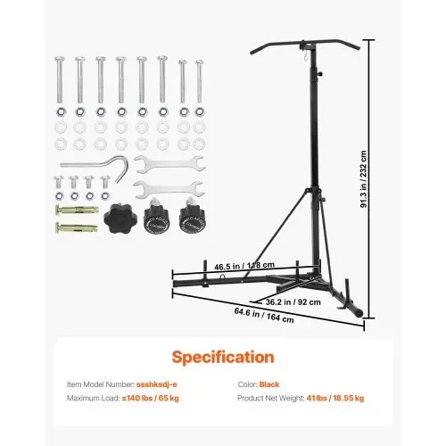 VEVOR 2 in 1 Boxsackständer Trainingsgerät Sandsackgestell aus Stahl, höhenverstellbare Boxsackhalterung mit Klimmzugstang (65 kg belastbar), freistehendes Fitnessgerät für Fitness-Studio Schwarz – Bild 6