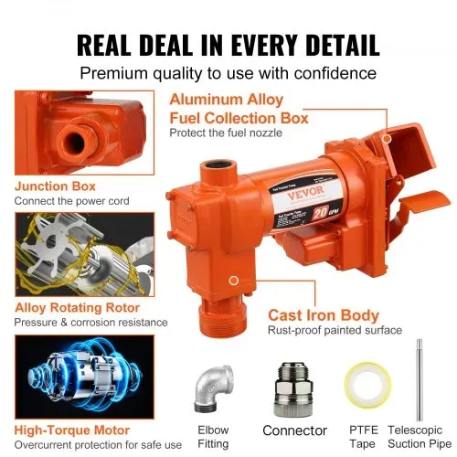 VEVOR Kraftstoffpumpe, 12 V DC, 20 GPM, 1/4 PS, Dieselpumpe mit automatischer Düse, Auslassschlauch und Saugrohr für Benzin, Diesel, Kerosin, Ethanol- und Methanolmischungen und Biodiesel – Bild 5