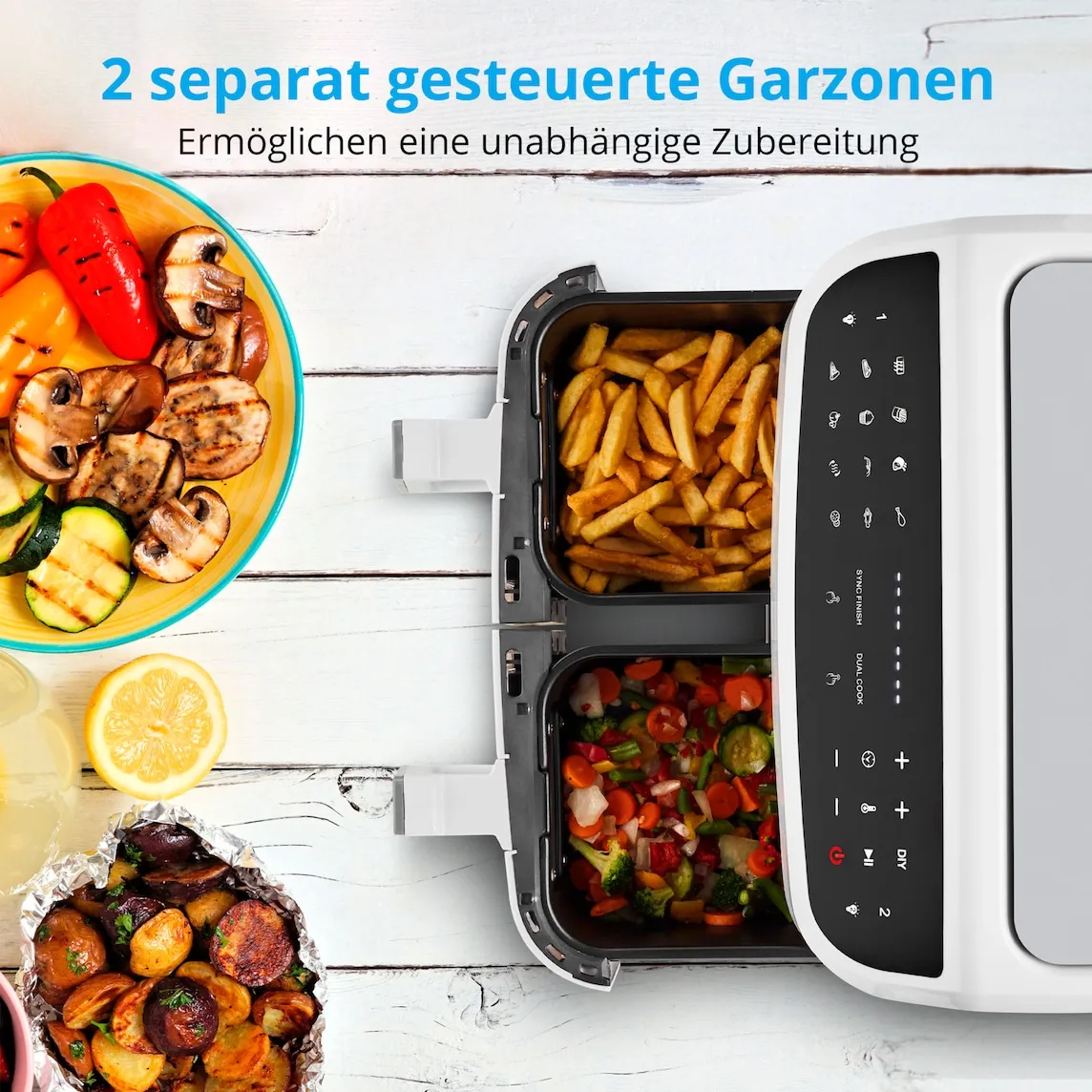 MEDION LIFE P20 XXL Twin DoppelzonenHeißluftfritteuse MD 11760, 2 separate Garzonen, 9 Automatikprogramme, 8,7 L Gesamt-Nutzinhalt, 2.600 Watt, Temperatur einstellbar bis 200 °C – Bild 3