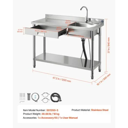 VEVOR Spültisch Spülbecken Edelstahl (120 x 50 x 94 cm), Einzelbecken mit Wasserhahn & Schublade, Küchenspüle für Garage Restaurant Wäscherei, Waschtisch Außenspüle mit Arbeitsplatte (links) – Bild 6