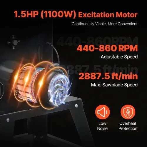 VEVOR Bandsäge, 340 mm, Tischsäge mit Ständer, 440–846 U/min stufenlos machbare Geschwindigkeit, 1100 W 1-1/2 PS, 220 V, für die Holzbearbeitung von Aluminium, Holz, Metall & Kupfer – Bild 3