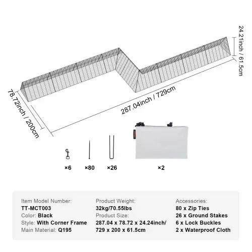 VEVOR Hühnertunnel, 729 x 200 x 61,5 cm Hühnerstall für den Hof, tragbare Freilaufgehege für draußen mit Eckrahmen, 2 Sets, geeignet für Hühner, Enten, Kaninchen – Bild 6