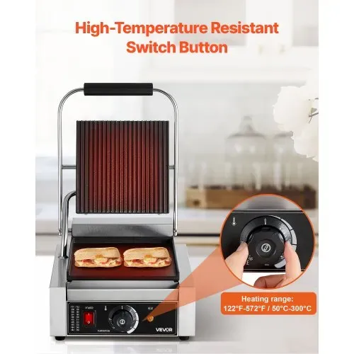 VEVOR Kommerzieller Kontaktgrill 1800 W Elektrogrill Sandwichmaker Panini Presse aus Edelstahl mit Griff & Temperaturregelung, 22 x 23 cm flache Emailleplatte (Einzel), für Hamburger Steak Speck – Bild 4