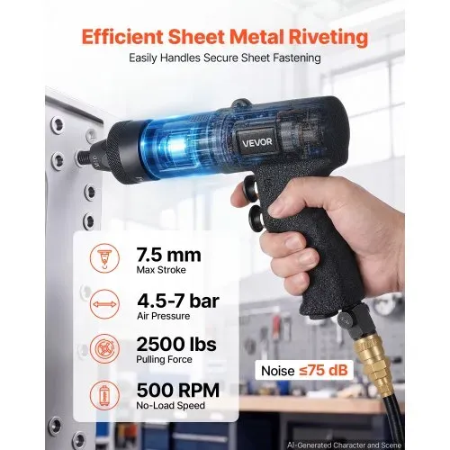 VEVOR Druckluft Nietmutternzange Set mit Metrischen Kopfstück M5 M6 M8 M10, Luftdruck-Nietpistole-Satz für Automobil Industrie Heimwerkerprojekte, 1134kg Zugkraft, Vor- & Rückwärts, Mit 20 Mandrels – Bild 2