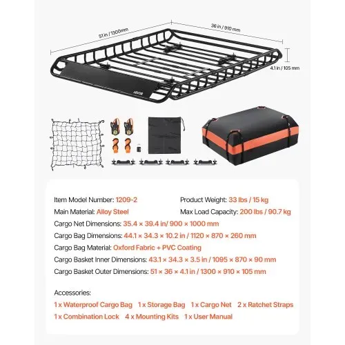 VEVOR Dachträgerkorb 1300 x 910 x 105 mm Dachgepäckträger 90,7 kg Tragkraft, Autodachkorb aus Legierter Stahl mit Gepäcktasche (112 x 87 x 26 cm) Dachgepäcknetz Ratschengurten, Ideal für SUV Lkw Pkw – Bild 6