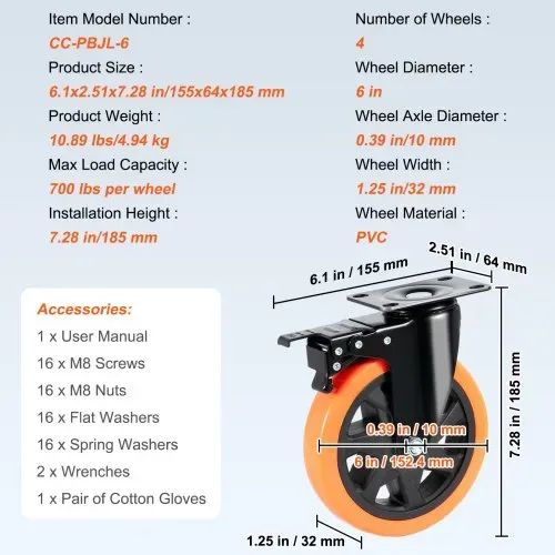 VEVOR Möbelrollen 4er-Set Lenkrollen PVC φ152,4mm Laufrollen 1.270kg Tragfähigkeit Transportrollen mit A/B-Bremsen Kastenrollen 360° Drehbar Schwerlastrollen für Häusern Büros Studios Fabriken – Bild 6