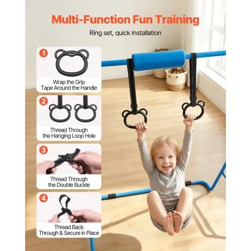 VEVOR Gymnastikstange für Kinder mit 63,5 kg Tragkraft, Klappbares Turnreck mit Turnringen, Höhenverstellbare Turnstange für Indoor- und Outdoor-Training, Heimtrainingsgerät für Kinderturnen, Blau – Bild 3