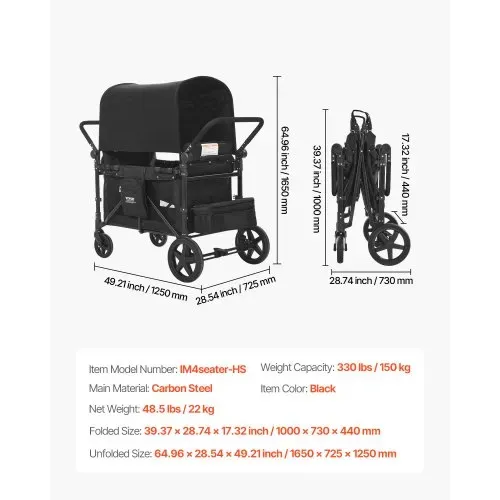 VEVOR 4-Sitzer-Kinderwagen, faltbarer Push-Pull-Kinderbuggy mit verstellbarem Griff, 5-Punkt-Sicherheitsgurt & abnehmbarem Verdeck, Bollerwagen für Camping, Schwarz (150 kg Tragkraft) – Bild 6