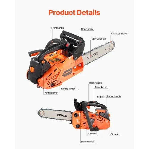 VEVOR 25-cc-Benzin-Kettensäge, Motorsäge 305 mm, 1,02-PS-Säge mit rutschfestem Griff, zwei Kraftstofftanks und Not-Aus-Funktion, max. 12000 U/min, zum Holzfällen, Baumbeschneiden und Roden – Bild 2