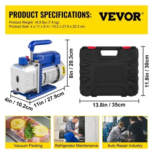 VEVOR 4 CFM Vakuumpumpe 220 V 50 Hz Klimaanlage Unterdruckpumpe Vakuumgeräte Pumpe 1720 U Refrigerant Vacuum Pump, Vakuumgeräte Verteiler-Manometer-Set für Klimaanlage Kfz-Kühlsystemen – Bild 6
