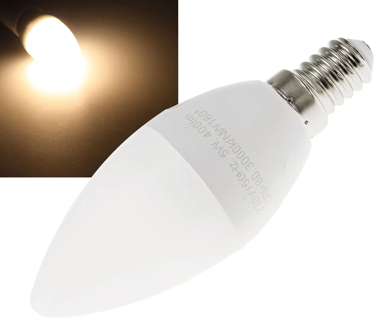 LED Kerzenlampe E14 „K50“ warmweiß 3000k, 400lm, 230V/5W LED Kerzenlampe E14 „K50“ warmweiß 3000k, 400lm, 230V/5W
