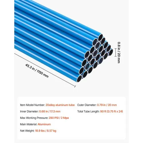 VEVOR Druckluftschlauch-Satz 24 Stk. Druckluftrohre 27,6m x 17,3mm Innen, Kompressorschlauch für Werkstatt Garage & Fabirk, Rohrsatz aus Aluminium, Max. 2 MPa Betriebsdruck, inkl. Zubehör-Set, Blau – Bild 6