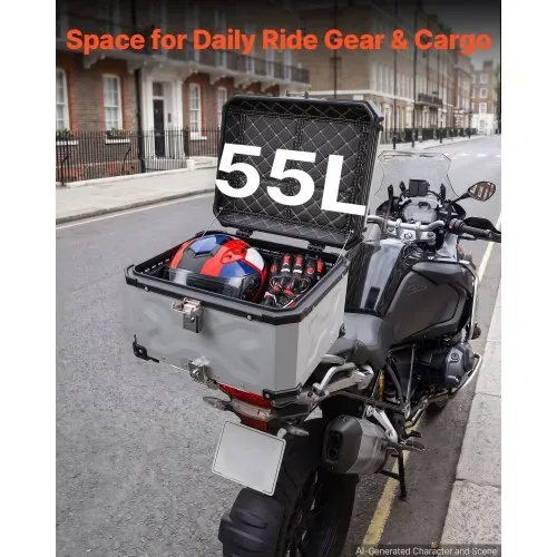 VEVOR Topcase Motorradkoffer 55 L, Universal-Heckkoffer Aluminium, Helmkoffer Wasserdicht, Abnehmbar, mit Sicherheitsschloss, Reflexstreifen, Hartschalen und Lederfutter zur Helmaufbewahrung – Bild 2