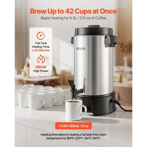 VEVOR Gewerblicher Heißgetränkespender für Kaffee 6,3 L 42 Tassen 1190 W, Heißwasserspender mit Tropffreiem Wasserhahn, Automatischer Temperaturregelung, für Catering, Partys, Kirchen und Restaurants VEVOR Gewerblicher Heißgetränkespender für Kaffee 6,3 L 42 Tassen 1190 W, Heißwasserspender mit Tropffreiem Wasserhahn, Automatischer Temperaturregelung, für Catering, Partys, Kirchen und Restaurants