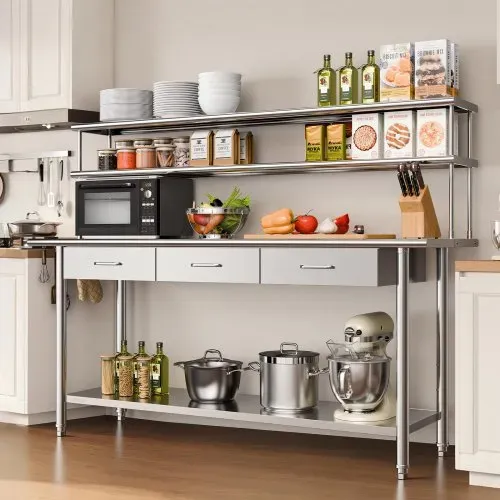 VEVOR Gastronomie Arbeitstisch 1829 x 610 x 1400 mm, Edelstahltisch mit Grundboden & 3 Schubladen & Doppelaufsatzbord, Gewerblicher Vorbereitungstisch Werkbank für Restaurant Garage Küchentisch – Bild 7
