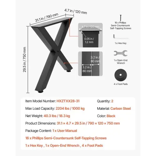 VEVOR Tischkufen 2er-Set 790x750 mm, X-Förmige Tischuntergestell 1000 kg, Tischbeine Kohlenstoffstahl, Möbelfüße, Tischgestell, Tischfüße für Schreibtische, Couchtische, Esstische, Schwarz – Bild 4