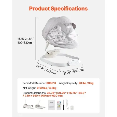 VEVOR Babyschaukel, Babywippe mit 3 Geschwindigkeiten & 3 Sitzpositionen, IMD-Touchpanel, Fernbedienung, Bluetooth & 10 voreingestellten Liedern, für Kinder im Alter von 0–9 Monaten bis zu 9 kg – Bild 6