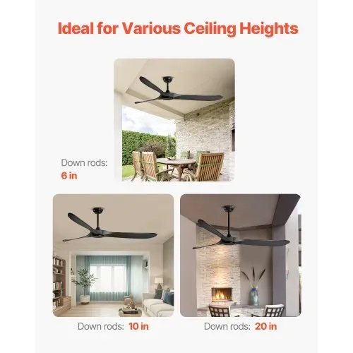 VEVOR 180 cm Deckenventilator ohne Beleuchtung, 6-Gang-Fernbedienung, 3 Holzflügel, umkehrbarer Gleichstrommotor, Außenventilator für Schlafzimmer, Wohnzimmer, Terrasse, Innen-/Außenbereich, schwarz – Bild 5