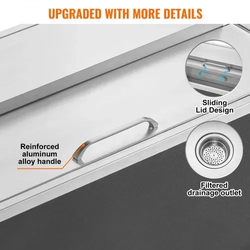 VEVOR 95,66 L Drop-in-Eisbox, 913 x 456 x 358 mm Edelstahl-Eiskühler, Kommerzieller Eisbehälter mit Schiebedeckel, Eingebaute Eisspeichertruhe, Abflussrohr & Ablassstopfen im Lieferumfang Enthalten – Bild 4