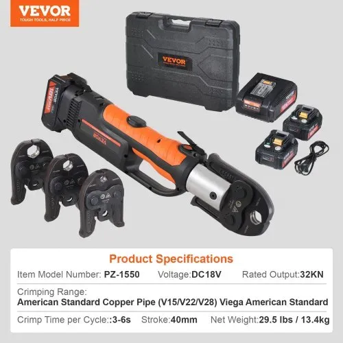 VEVOR Presswerkzeug und Akku-Set, Pro Presswerkzeug, elektrisches Rohrcrimpwerkzeug mit V15-, V22-, V28-Backen, Presswerkzeug-Set mit 2 Stück 18-V-4,0-Ah-Akku, Schnellladegerät und Tragetasche – Bild 6
