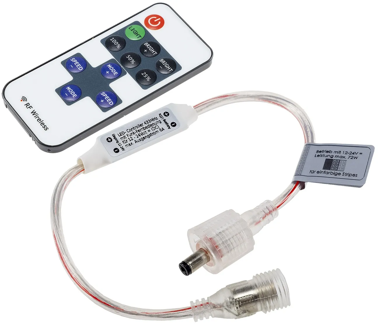 Funk-Controller für LED-Stripes mit Fernbedienung, 12-24V, 72Watt Funk-Controller für LED-Stripes mit Fernbedienung, 12-24V, 72Watt