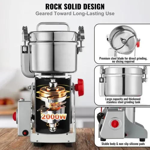 VEVOR 750g elektrische Getreidemühle, Hochgeschwindigkeits-Gewürzmühlen mit 2000 W, Pulverisiermaschine aus Edelstahl, für trockene Körner, Gewürze, Müsli, Kaffee, Mais, Pfeffer, Schwenktyp – Bild 2
