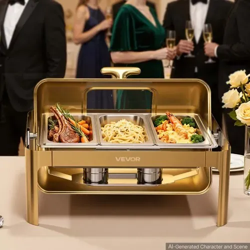 VEVOR Chafing Dish Set 12,3 L Edelstahl Warmhaltebehälter Buffets 1 Stück für Hochzeiten & Partys, Transparenter Rolldeckel mit 90°/180° Öffnung, 1 Große und 3 Kleinere Behälter, Zange, Glasschale – Bild 7