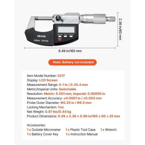 VEVOR Mikrometer, Digitale Bügelmessschraube, Messbereich 0–25,4 mm, Auflösung 0,001 mm, Höchste Präzision 0,003 mm Genauigkeit, LCD-Display, Zoll/mm-Umschaltung, Hartmetallspitze, mit Koffer – Bild 6