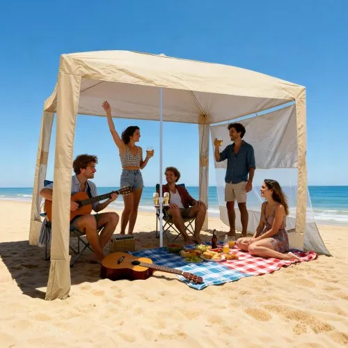 VEVOR Strand-Cabana, 2,4 x 2,4 m Strandüberdachung mit Seitenwand, UPF 50+ Sonnenschutz, Strandpavillon mit Sandsäcken, höhenverstellbarer & tragbarer Sonnenschutz für Familie und Freunde, Khaki VEVOR Strand-Cabana, 2,4 x 2,4 m Strandüberdachung mit Seitenwand, UPF 50+ Sonnenschutz, Strandpavillon mit Sandsäcken, höhenverstellbarer & tragbarer Sonnenschutz für Familie und Freunde, Khaki
