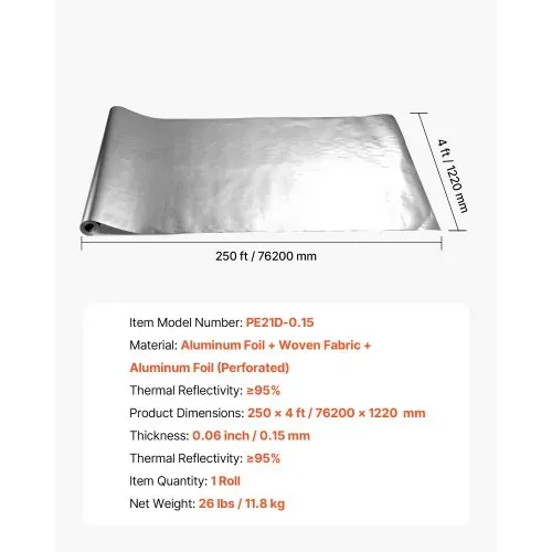 VEVOR Isolierfolie, 0,15 mm, Dämmfolie, Reflexionsfolie 76,2 x 1,22 m, Doppelt reflektierender Wärmeschutz aus Aluminiumfolie, Thermofolie, Wärmedämmrolle für Fenster, Wohnmobildächer – Bild 6