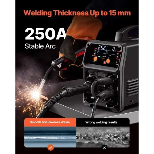 VEVOR Pro MIG-Schweißgerät, 250 Ampere Pluse MIG-Schweißer, 5-in-1 Synergie-Welder Gasloses MIG, Gas-MIG, MMA, Lift-TIG, MIG Pluse mit IGBT-Wechselrichtertechnologie und LCD-Bildschirmanzeige – Bild 2