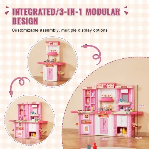 VEVOR Kinderküchen-Spielset, 3-in-1-Kleinkinderküche mit simuliertem Sprühnebel, Geräuschen & Lichtern, Spielküchenset mit 74-teiligem Kochzubehörset für Kinder im Alter von 3–8 Jahren, pink – Bild 2
