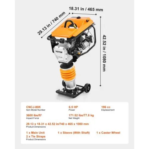 VEVOR 6,5 PS Vibrationsstampfer, kraftstoffbetriebener 196-cc-Motorstampfer, 1632 kg Schlagkraft, 66 cm max. Verdichtungstiefe, vier Federn, Grabenstampfer für Erde, Kies, Betonplatten, Fundamente – Bild 6