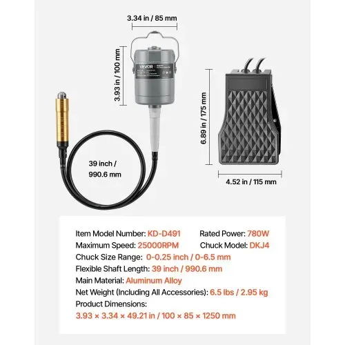 VEVOR Elektrische Drehwerkzeug, 780 W, 25.000 U/min, Flexshaft-Rotationswerkzeug mit Fußpedalsteuerung, Hängemühle mit 112-tlg. Zubehör, Schnellschleife zum Schleifen, Polieren & Trennen – Bild 6