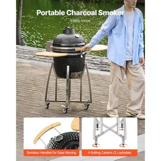 VEVOR Kamado Grill, Keramikgrill, Smoker Ø 450 mm, mit Holzgriffen, Seitenablagen, Metallstand mit Rollen & Thermometer bis 400°C, oberer & unterer Luftstrom, für BBQ, Grillen, Kochen & Backen Outdoor VEVOR Kamado Grill, Keramikgrill, Smoker Ø 450 mm, mit Holzgriffen, Seitenablagen, Metallstand mit Rollen & Thermometer bis 400°C, oberer & unterer Luftstrom, für BBQ, Grillen, Kochen & Backen Outdoor