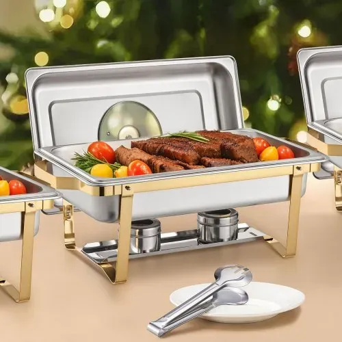VEVOR Chafing Dish Set Speisenwärmer Edelstahl mit 4 Behältern in voller Größe (7,5 L pro), rechteckiger Wärmespender mit sichtbarem Deckel & Wasserpfannenständer & Brennstoffhalter, für Partys – Bild 7