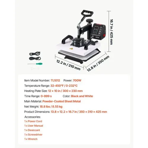 VEVOR Transferpresse 30x23cm Sublimationsmaschine 700W Textilpresse, mit Schwenkarm Schnelles & Gleichmäßiges Aufheizen Zeit- & Temperaturregelung T-Shirts Stofftaschen Kissenbezüge Socken – Bild 6