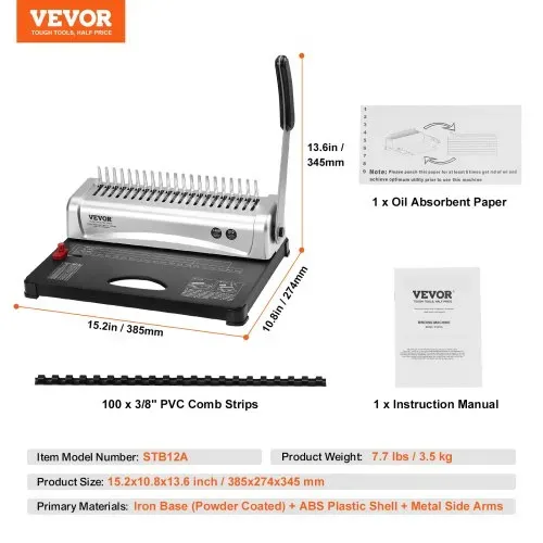 VEVOR Bindemaschine, Kammbindemaschine 21-Loch-Bindung 450 Blatt, Buchbindemaschine mit 100 Stück 3/8 Zoll Kammbinderücken, für Briefgröße, A4, A5 – Bild 6
