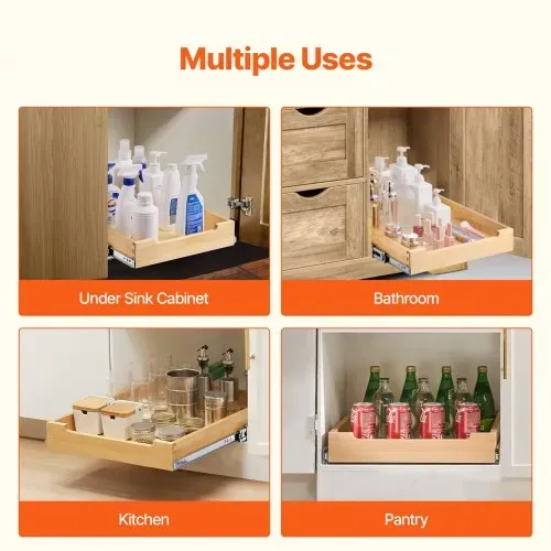 VEVOR Ausziehbarer Schrank-Organizer Schrankschublade Regal (432 x 533 x 76 mm) mit sanftem Schließmechanismus, Holz-Schiebeschublade Unter- und Seitenmontage, für Küche Speisekammer Badezimmer – Bild 5