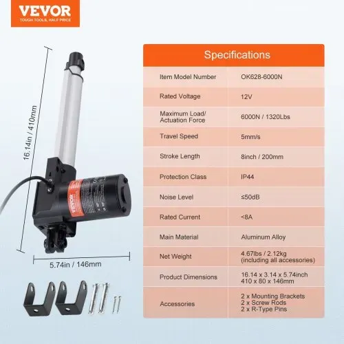 VEVOR 6000N Linear Actuator DC 12V Linearantrieb IP44 Elektrischer Linearmotor 200mm Hublänge Geräuschpegel ≤ 50dB Elektrische Türöffner 5 mm/s Fahrgeschwindigkeit Lineartechnik Verstellantrieb – Bild 6