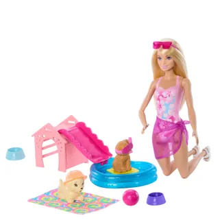 Barbie Pool Party-Spielset für Welpen mit Puppe, Hundehütte und Rutsche, 2 Tierfiguren und 6 Zubehörteilen Barbie Pool Party-Spielset für Welpen mit Puppe, Hundehütte und Rutsche, 2 Tierfiguren und 6 Zubehörteilen