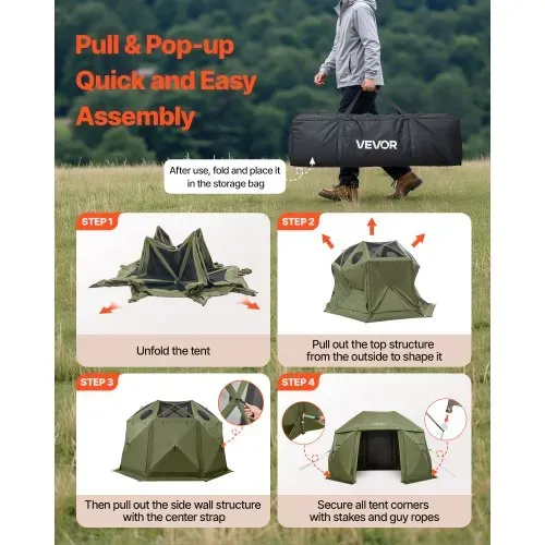 VEVOR Pop-up-Pavillon, 3,96 x 3,96 m, 13-seitiges, kugelförmiges Campingzelt mit abnehmbarem Dach & Tragetasche, 360°-Belüftung, Sonnenschutz, Partyzelt für 10–12 Personen, Grün – Bild 4