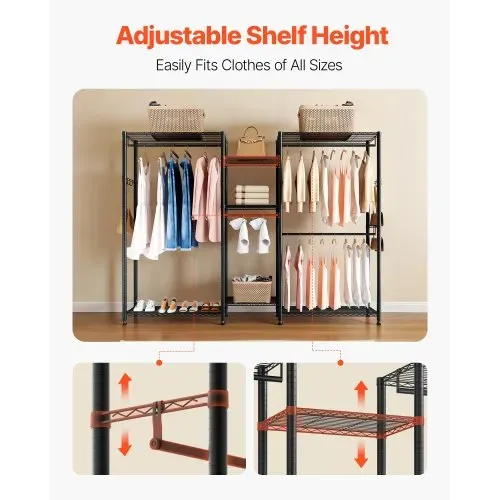 VEVOR Kleiderständer Garderobenständer (verstellbar) mit 4 Kleiderstangen & 385,5 kg Tragkraft & 7 Regalen & 8 Haken, offener Kleiderschrank für Schlafzimmer Bekleidungsgeschäft Garderobe Flur – Bild 4