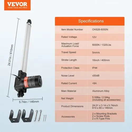 VEVOR 6000N Linear Actuator DC 12V Linearantrieb IP44 Elektrischer Linearmotor 400mm Hublänge Geräuschpegel ≤50dB Elektrische Türöffner 5mm/s Fahrgeschwindigkeit Lineartechnik Verstellantrieb – Bild 6