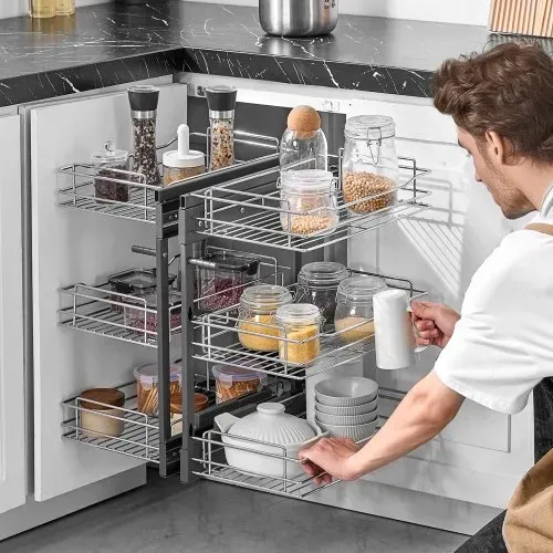 VEVOR Küchenschrank-Organizer mit 3 Ebenen & 6 Ablagen, Aufbewahrungskorb aus verchromtem Karbonstahl, Aufbewahrungs-Organizer, links und rechts zu öffnen, min. Türöffnungsbreite 38 cm – Bild 7