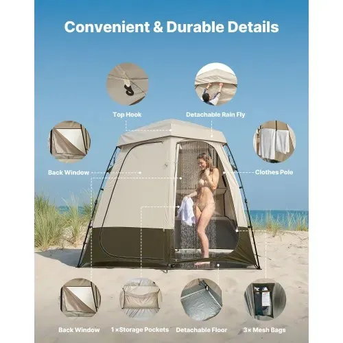 VEVOR Duschzelt mit 2 Räumen, Toilettenzelt (250x122x218 cm) mit Sichtschutz, Umkleidezelt inkl. Heringen & Seilen & Tragetasche & Querstange, aus 150D Oxford-Gewebe für Camping Strand Angeln Khaki – Bild 3